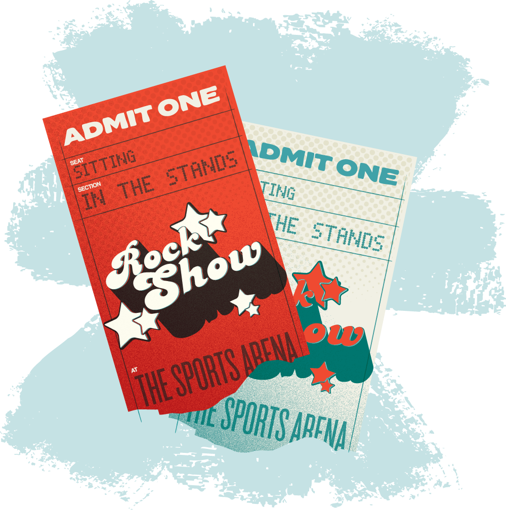 Spot illustration of two overlapping concert tickets reading "Rock Show at The Sports Arena" with a retro 1970s typography style, in red and teal, by Jason Malmberg