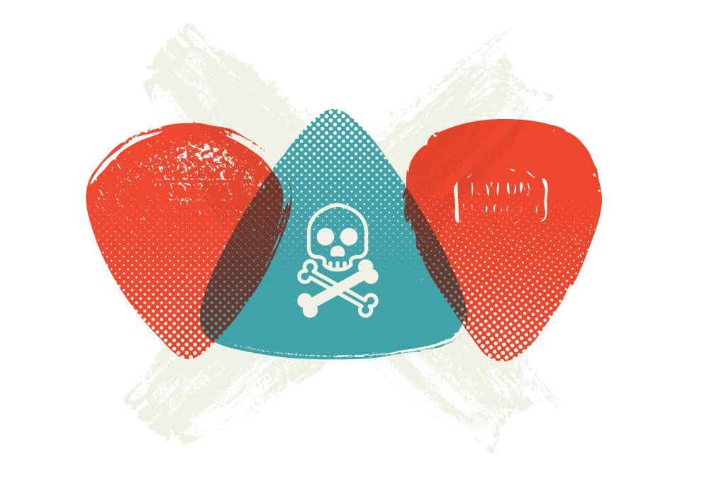 Spot illustration of three overlapping guitar picks with a skull and crossbones motif, in red and teal with halftone texture, by Jason Malmberg