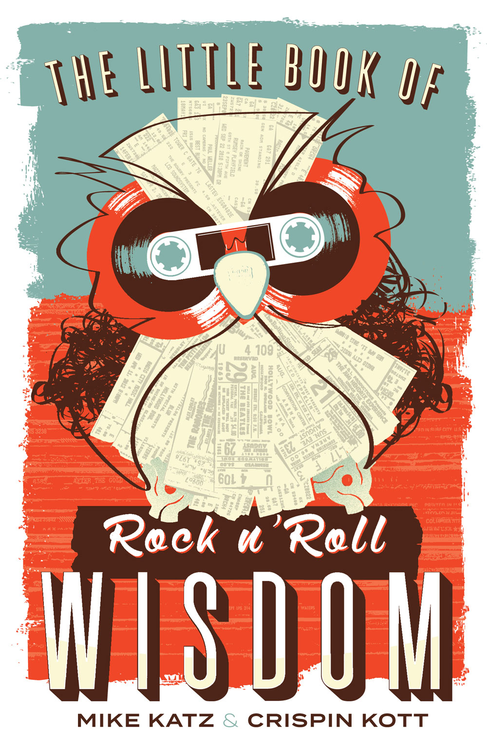 Cover illustration by Jason Malmberg for The Little Book of Rock and Roll Wisdom — an owl assembled from concert tickets, cassette spools, a guitar pick, unspooled tape, and 45 adapters, in a scholastic red and teal color palette