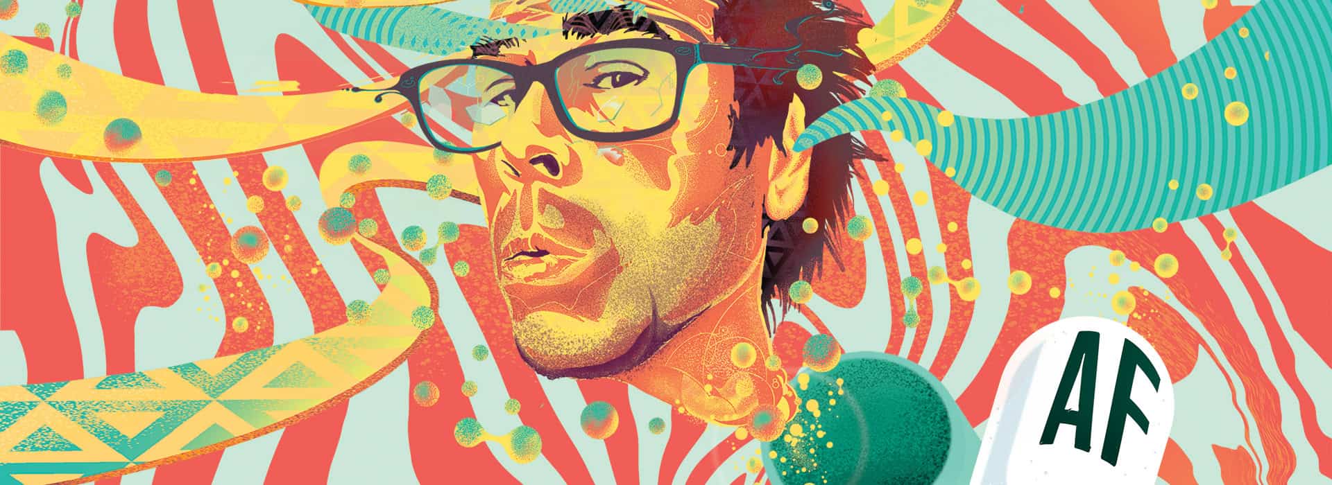 Illustrated portrait of comedian Keith Lowell Jensen in glasses surrounded by swirling coral, teal, and yellow tangents and floating molecular particles, with a pill capsule labeled AF, from the World Illustration Awards Longlist KLJ ADHD AF tour campaign by Jason Malmberg.