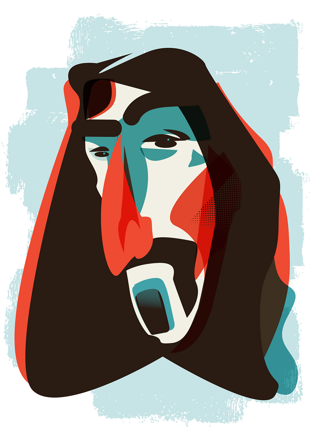 Illustrated portrait of Frank Zappa with dramatic dark hair and open mouth singing in red teal and black by Jason Malmberg for Rock and Roll Wisdom