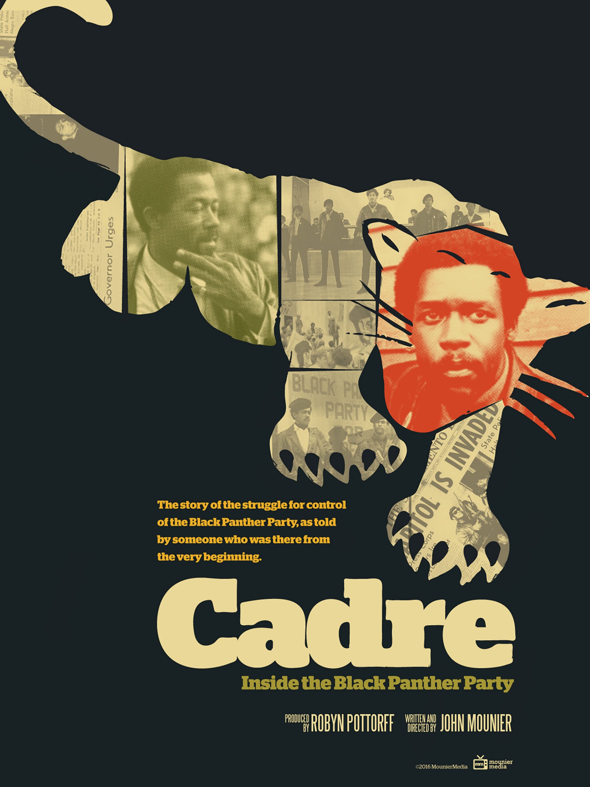 Full Cadre: Inside the Black Panther Party poster featuring a collage panther illustration made from archival photos and news clippings